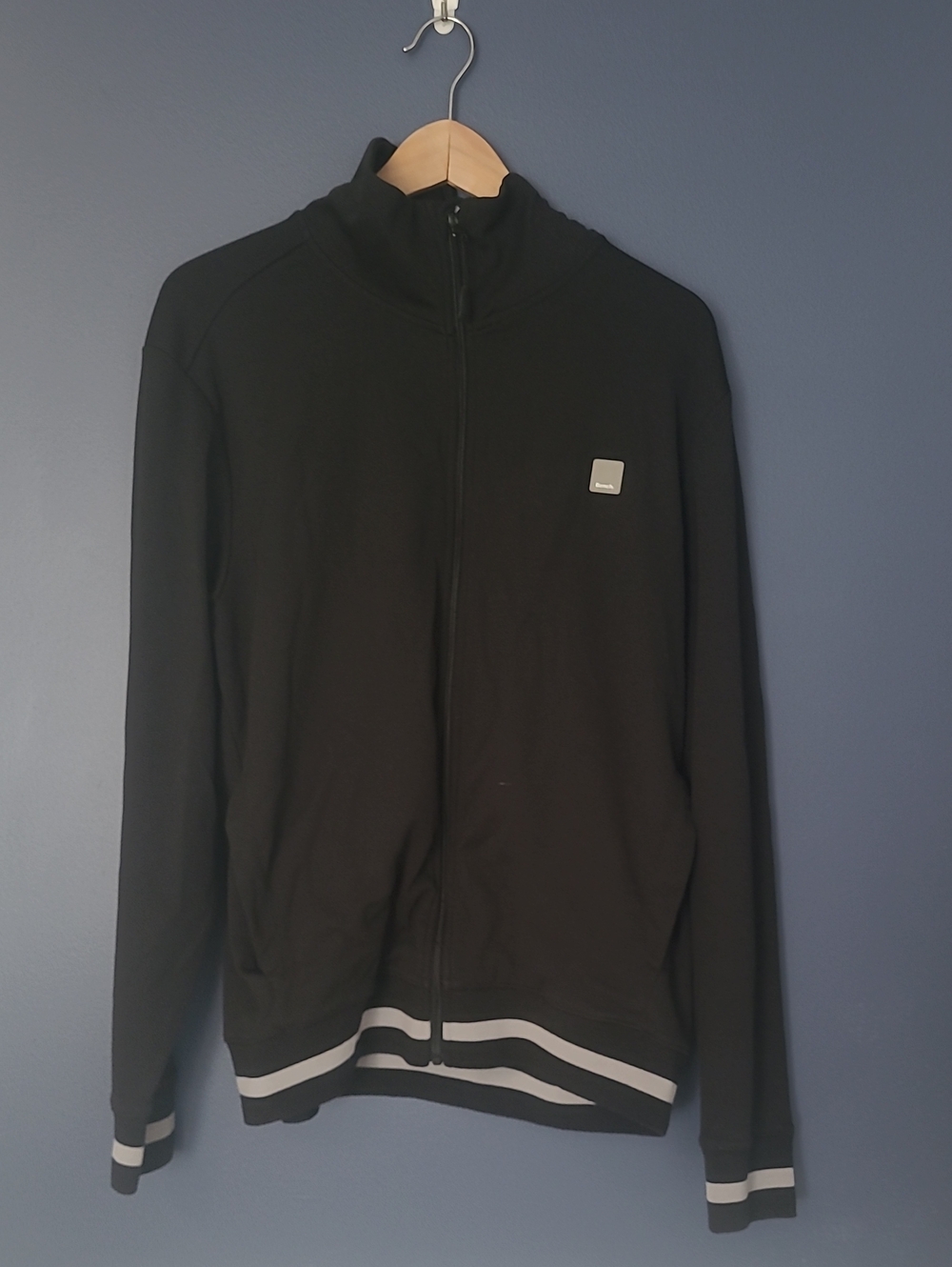 Bench Black Zip-Up Sweater Jacket with White Stripe Accents